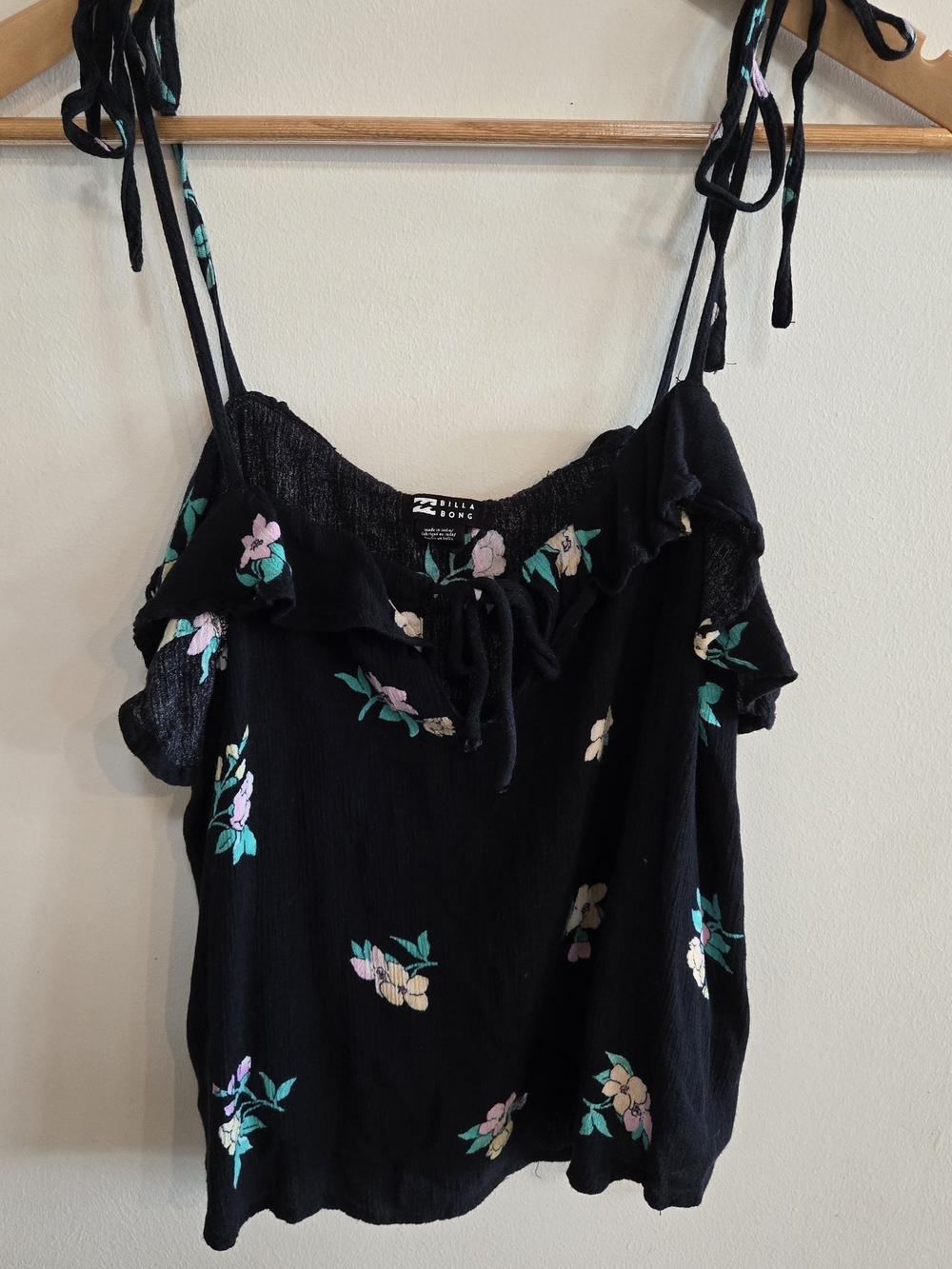Billabong Black Floral Ruffle Tie-Strap Women's Top